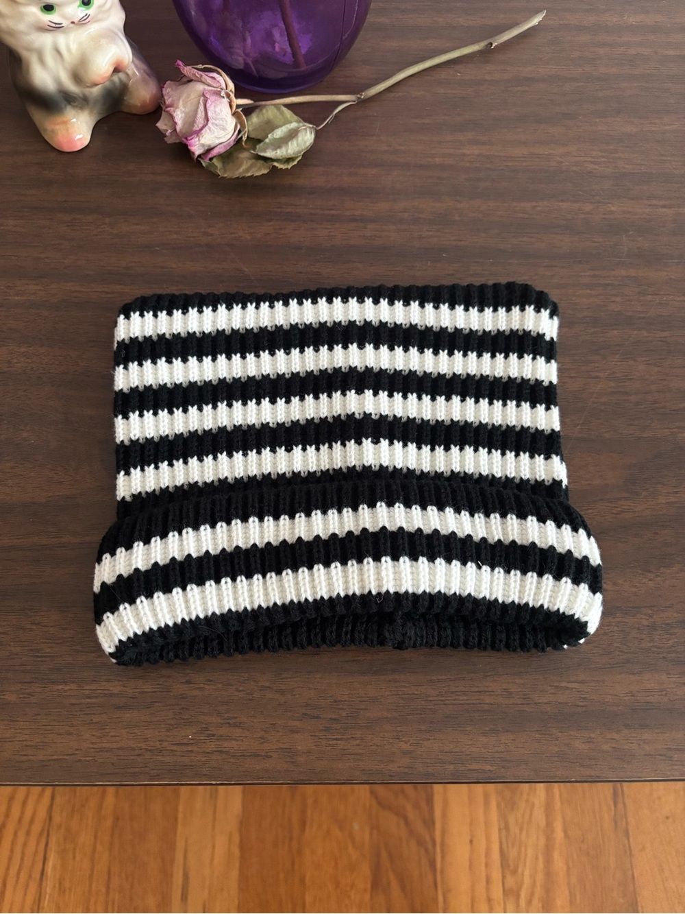 ✨BOGO✨ New Black and White Stripe Knit Box Cat Ear Beanie